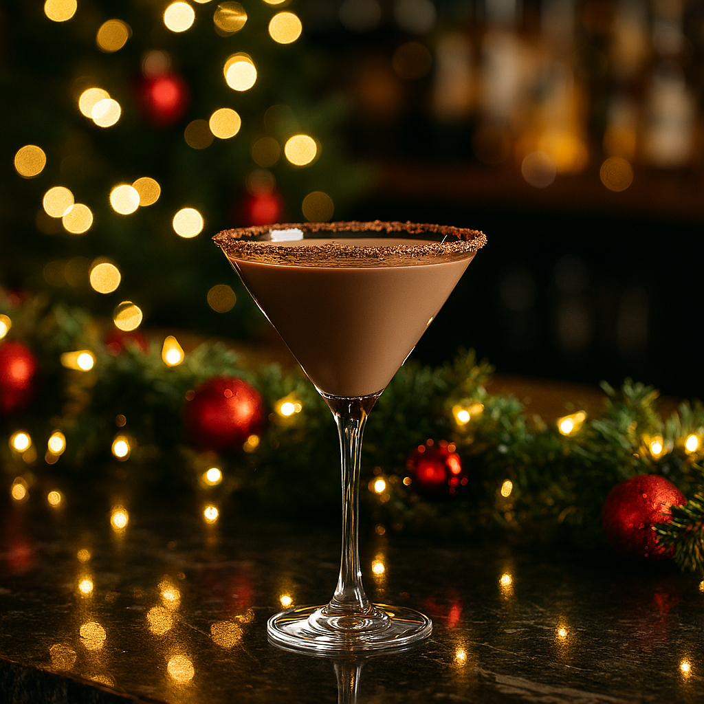 A chocolate martini sits on a wood bar with holiday decor in the background